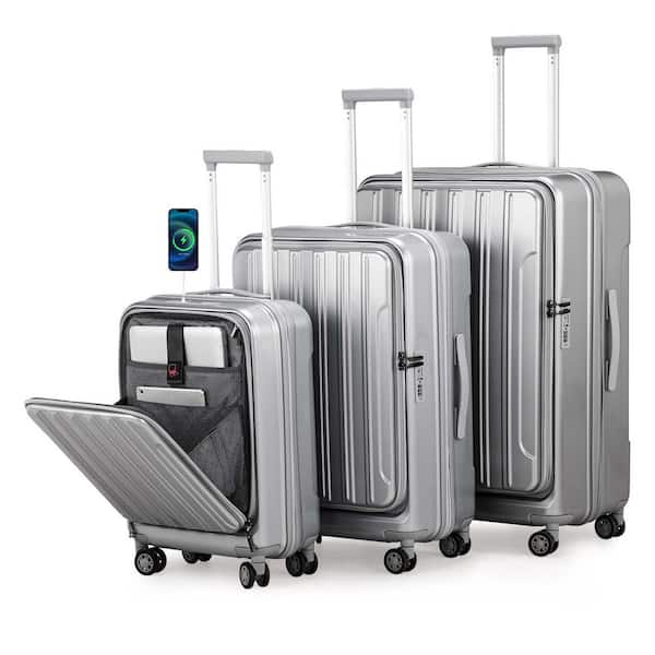 Karl home Front Compartment 3-Piece Gray 20 in. 24 in. 28 in. ABS+PC Luggage Set with USB Port, Double Spinner Wheels, TSA Lock
