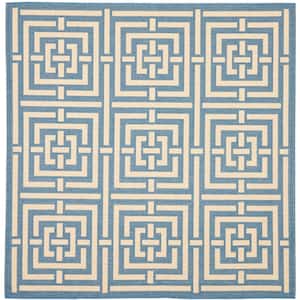 Courtyard Blue/Bone 7 ft. x 7 ft. Square Geometric Indoor/Outdoor Patio  Area Rug