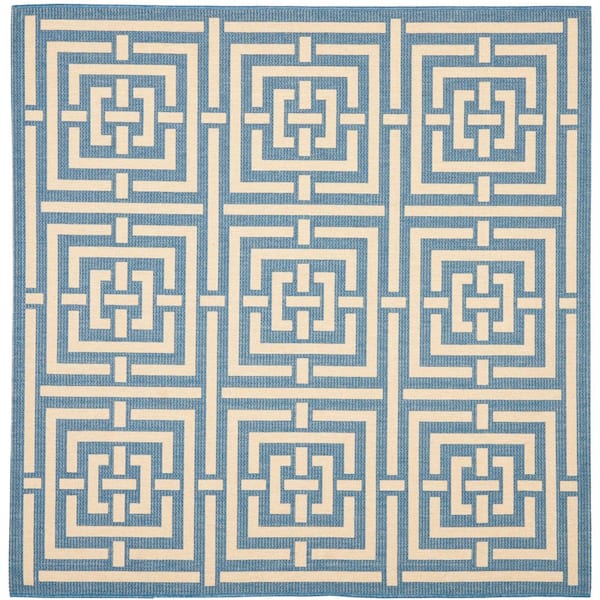 SAFAVIEH Courtyard Blue/Bone 7 ft. x 7 ft. Square Geometric Indoor/Outdoor Patio  Area Rug