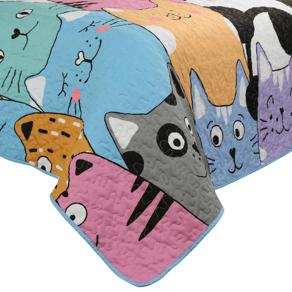 Blue Reversible Kids Full Cat Quilt Bedspread Set