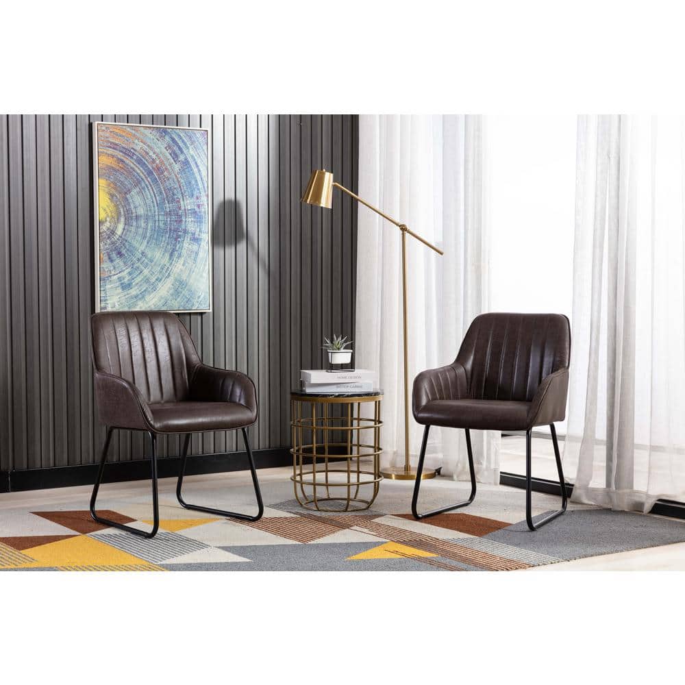 Low-Profile Black Leather Upholstered Arm Chair with Metal Base