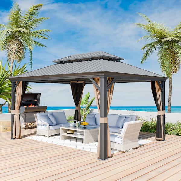 INMITOM 12 ft. x 16 ft. Hardtop Gazebo with Aluminum Frame, Double Galvanized Steel Roof, Mosquito Netting and Privacy Curtain