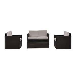 Palm Harbor 4-Piece Wicker Outdoor Seating Set with Grey Cushions - Loveseat, 2 Chairs and Glass Top Table