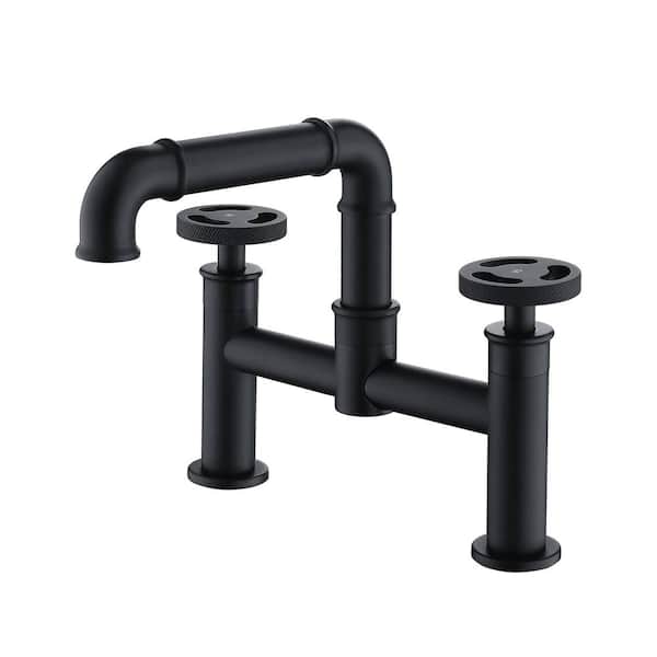 FLG Double Handle Bridge Bathroom Faucet 2 Holes Brass Deck Mount Bathroom Sink Basin Faucet in Matte Black