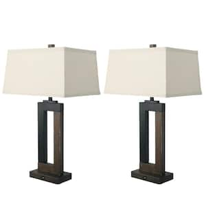 25.8 in. Black Metal and Brown Wood Base USB Table Lamp Set with White Fabric Shade and Cable (Set of 2)