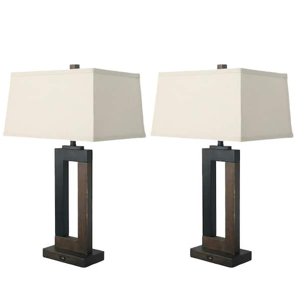 Uixe 25.8 in. Black Metal and Brown Wood Base USB Table Lamp Set with White Fabric Shade and Cable (Set of 2)