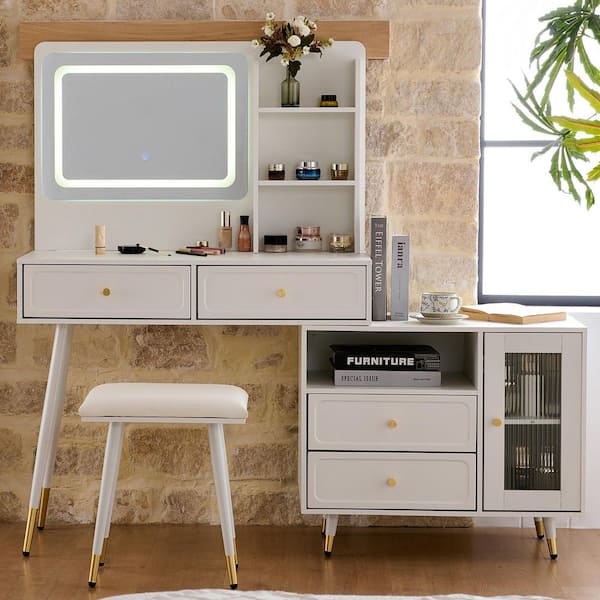 Qualler 2 in 1 White Makeup Vanity Set with Mirror, Retractable Dressing  Table and Stool MVRF84432A