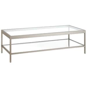 Alexis 54 in. Satin Nickel Rectangle Glass Top Coffee Table with Shelf