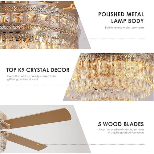 62 in. Indoor Crystal Chandelier Gold Ceiling Fan Fandelier with Lights and Remote Control Ceiling Fans With Lights