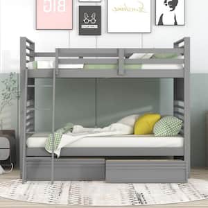 Gray Twin Over Twin Wood Bunk Bed with Two Drawers, Detachable Bunk Bed Frame with Ladders for Kids, Teens