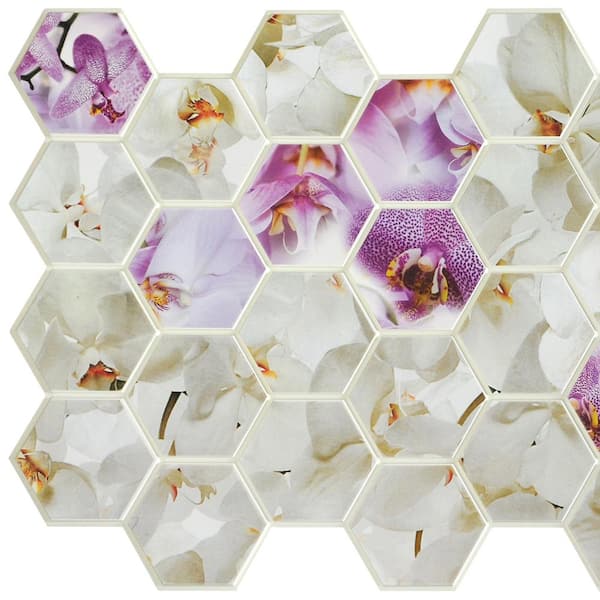 Dundee Deco 3D Falkirk Retro 1/100 in. x 38 in. x 19 in. Purple White Hexagon Orchid Mosaic PVC Decorative Wall Paneling (10-Pack)