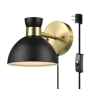 6.5 in 1-Light Matte Brass Plug-in or Hardwire Wall Sconce with Matte Black Pivoting Metal Shade