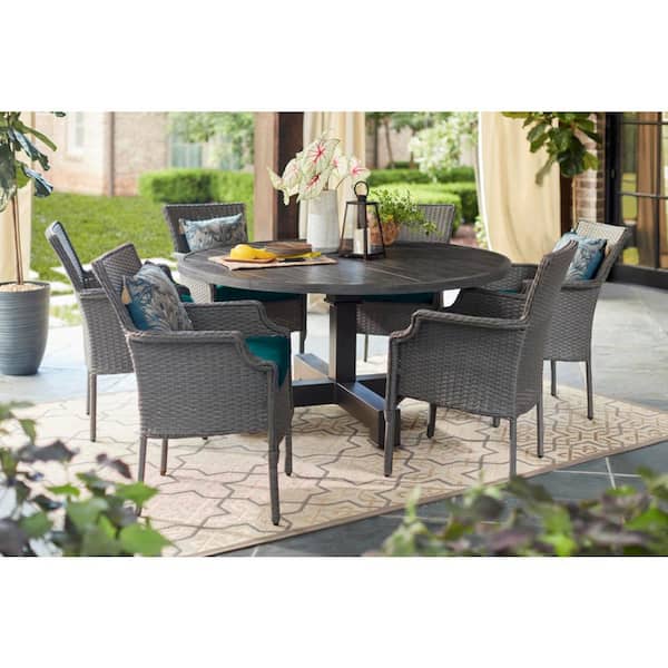 Reviews For Hampton Bay Grayson 7 Piece Ash Gray Wicker Outdoor Patio Dining Set With Sunbrella Peacock Blue Green Cushions Pg 4 The Home Depot - Home Depot Patio Dining Chair Cushions Set Of 4