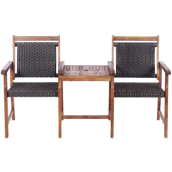 Costway Rattan Patio Bench Acacia Wood Frame Table