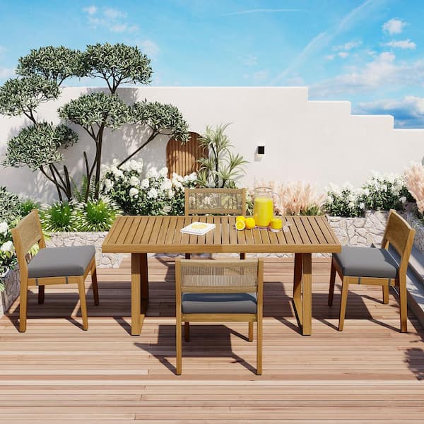 Unbranded 5-Piece Acacia Wood Outdoor Dining Set with Gray Cushions, Multi-Person Outdoor Acacia Wood Dining Table and Chair Set