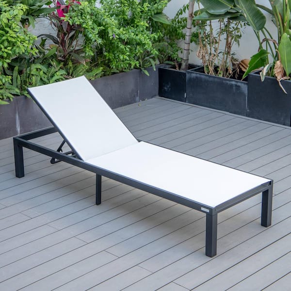 Leisuremod Marlin Outdoor Patio Chaise Lounge Chair in Black Aluminum Reclining Backrest Mesh Sling Fabric Seat in White