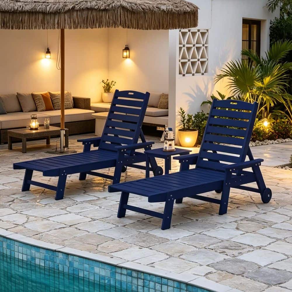 Navy Blue 3-Piece Outdoor Chaise Lounge Chair With Side Table