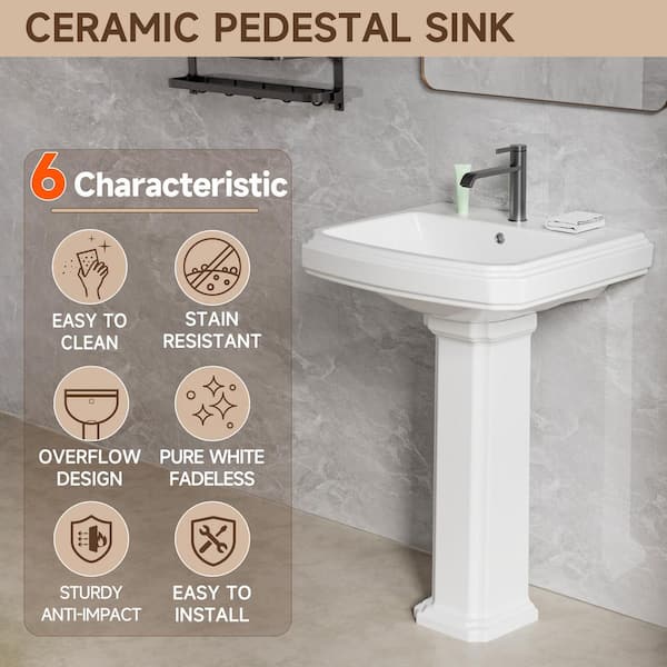 23 in. W x 19 in. D Pedestal Bathroom Sink Combo White Rectangular Vitreous China Sink with Overflow and 1-Faucet Hole