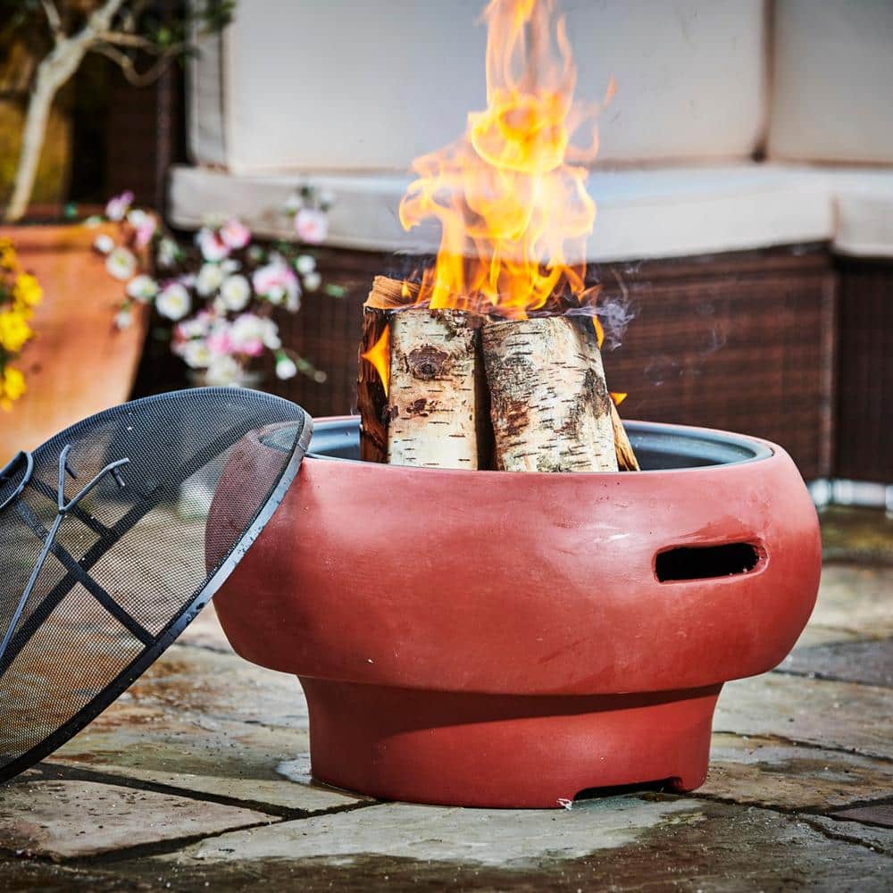 Maroon Round Wood Burning Fire Pit with Faux Concrete Base