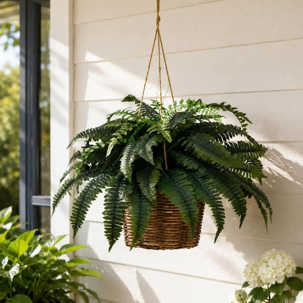 20 in. H x 26 in. W Green Indoor/Outdoor UV Resistant Artificial Fern in Hanging Basket