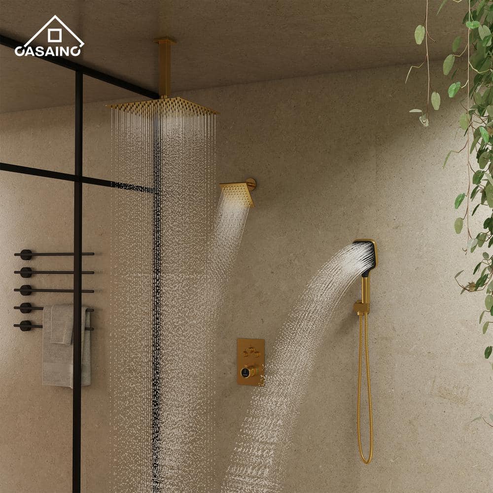 12-Inch Brushed Gold Thermostatic Dual Shower System with Handheld