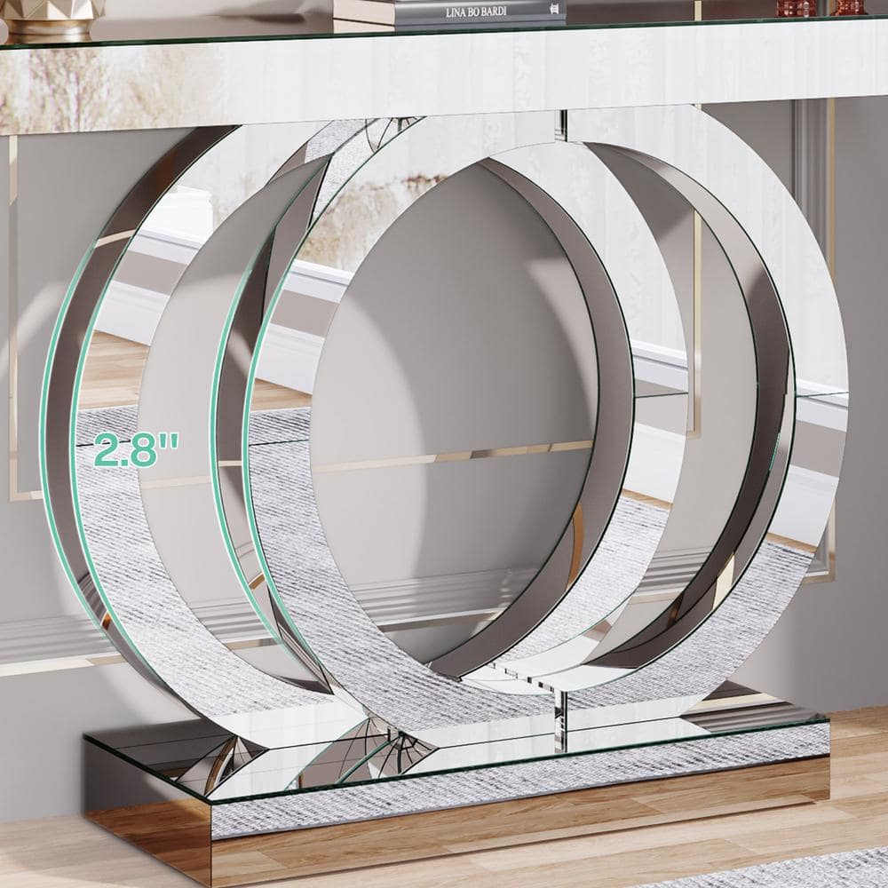 Silver Mirrored Glass Console Table with Crystal Inlays, 43-Inch