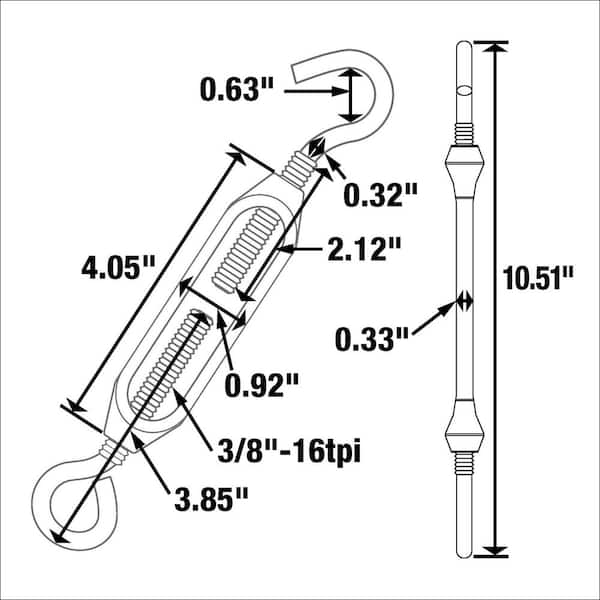Everbilt - 3/8 in. x 10-1/2 in. Zinc-Plated Turnbuckle Hook/Eye
