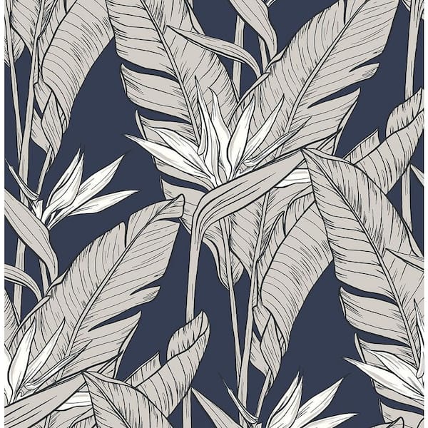 STACY GARCIA HOME Navy Blue and Metallic Pewter Birds of Paradise Vinyl Peel and Stick Wallpaper Roll (Covers 30.75 sq. ft.)