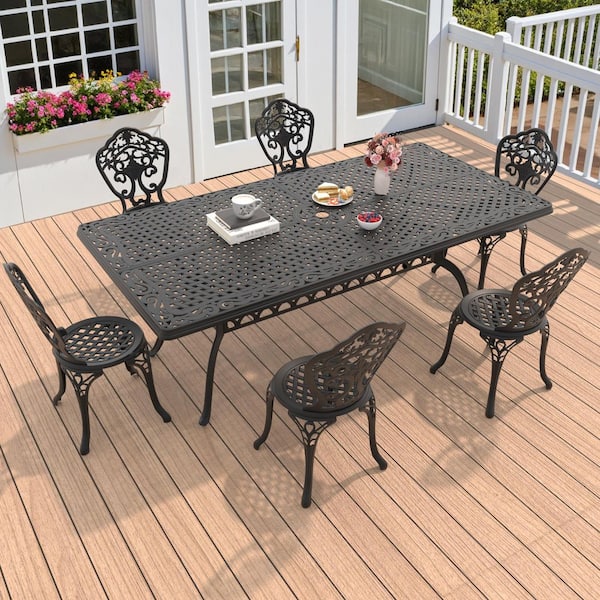 Black 7-Piece of Cast Aluminum Outdoor Patio Dining Set with 82.68 in. x 41.34 in. Rectangular Table and Armless Chairs