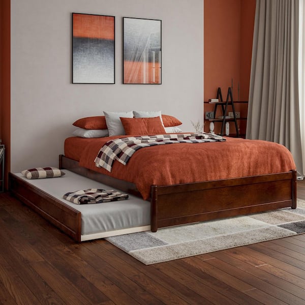 Barcelona Walnut Brown Solid Wood Frame Full Panel Platform Bed with Twin Trundle