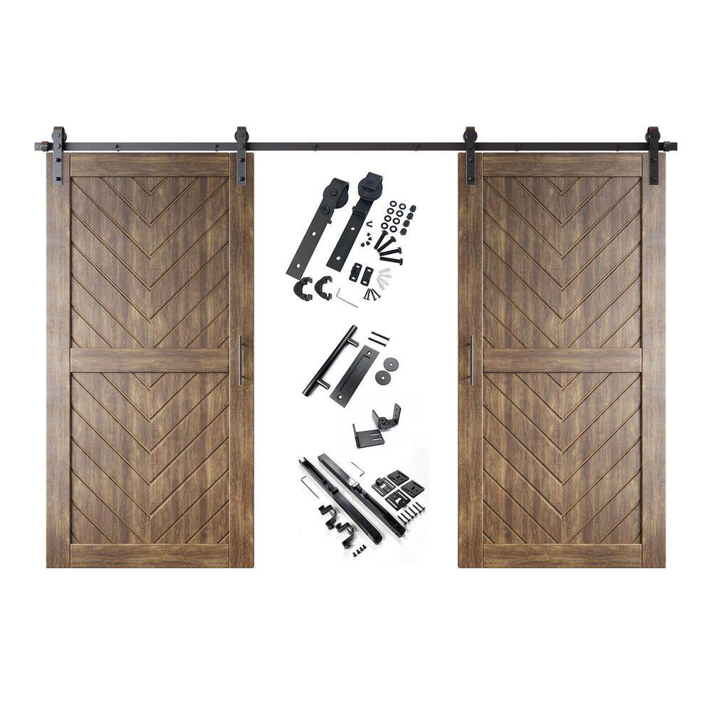 JT3 40 in. x 80 in. C-Panel Dark Walnut Fishbone Design Double Pine Wood Sliding Barn Door with Hardware Kit price history on PriceWatchPro