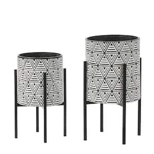 Black and White Metal Cachepot Planters with Black Metal Stands (2-Pack)