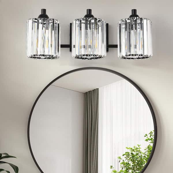 Modern 19.7 in. 3 Light Black Bathroom Vanity Light with Crystal Glass Shade