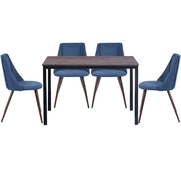 Homy Casa Brandt Smeg Blue 5-Pieces Rectangle Mdf Walnut Top Dining Table Chair Set With 4-Upholstered Dining Chair