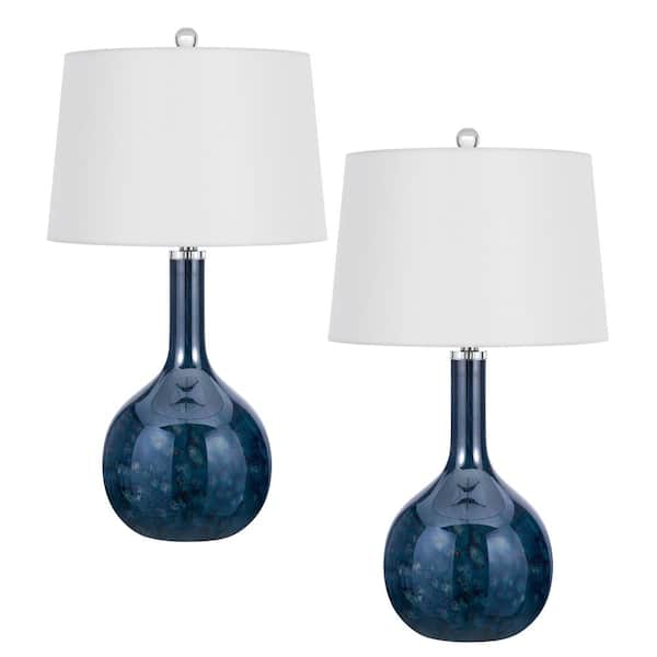 CAL Lighting 29 in. H Deep Blue Glass Table Lamp Set with Drum Shade and Matching Finial (Set Of 2)