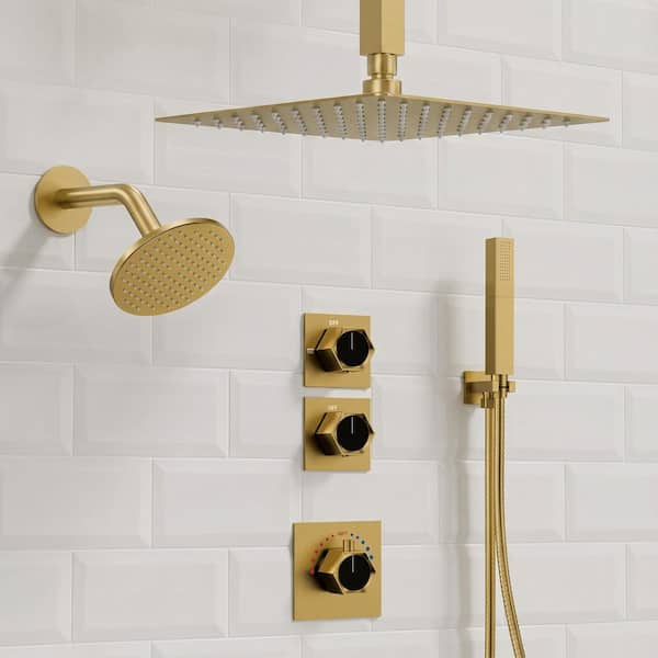 FlexiRain 5-Spray Dual Ceiling Mount 12 in. Fixed and Handheld Shower Head 2.5 GPM in Brushed Gold Valve Included