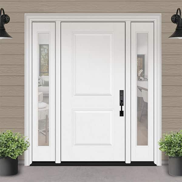 Regency 68 in. x 80 in. 2P Squaretop LHIS Unfinished White Mahogany Fiberglass Prehung Front Door w/Clear14in.SLs 4-9/16