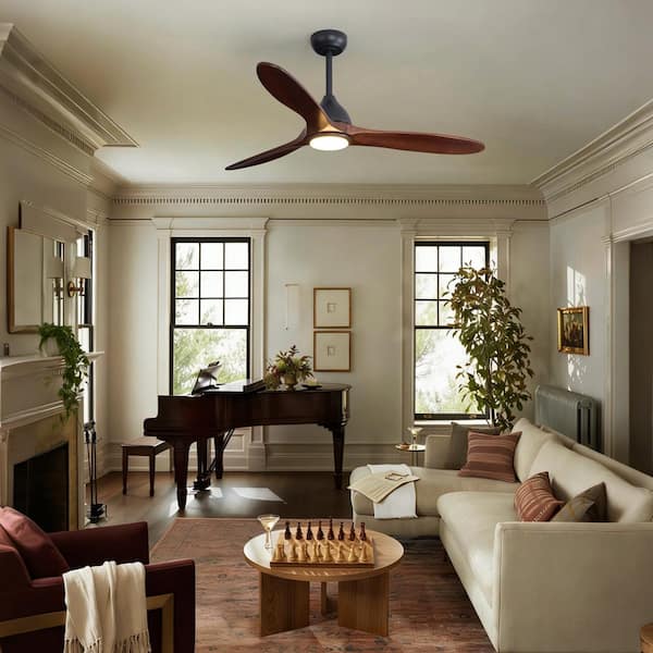 56 in. Integrated LED Standard Indoor Balck Wood Ceiling Fan with Light Downrod Mount Remote Control Included