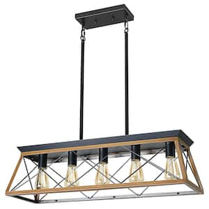 Tryns 32 in. 5-Light Black Farmhouse Chandelier Light Fixture with Caged Metal Shade