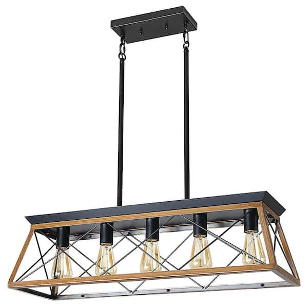 Tryns 32 in. 5-Light Black Farmhouse Chandelier Light Fixture with Caged Metal Shade
