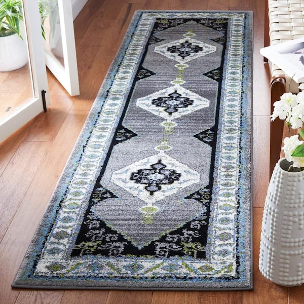 Vintage Hamadan 2 ft. x 8 ft. Gray/Green Abstract Medallion Runner Rug