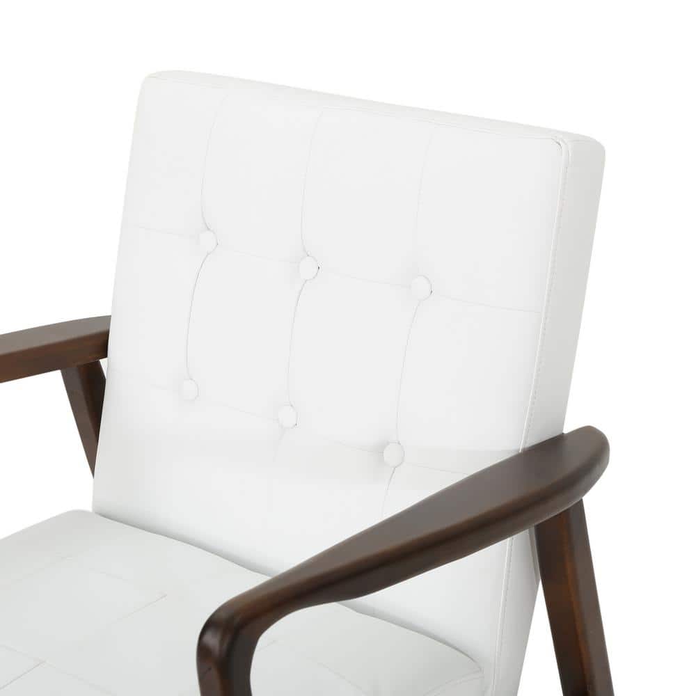 White Leather Mid Century Modern Accent Chair with Birch Legs