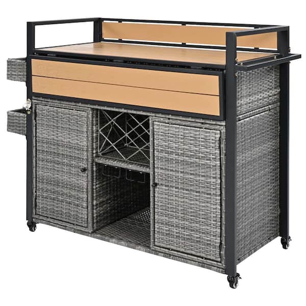 52.8 in. Gray Wicker Outdoor Grill Cart with Extended Plastic Wood Table Top and Wheels