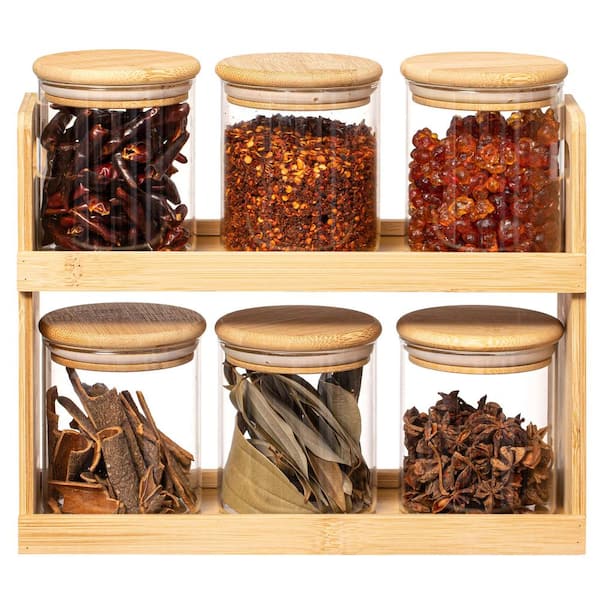 Unbranded Versatile 2-Tier Bamboo Spice Rack and Pantry Organizer with 6 Glass Jars - Perfect for Countertop Storage in Kitchens