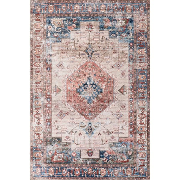 Runic Medallion Spill Proof Washable Brick 9 ft. x 12 ft. Indoor Area Rug