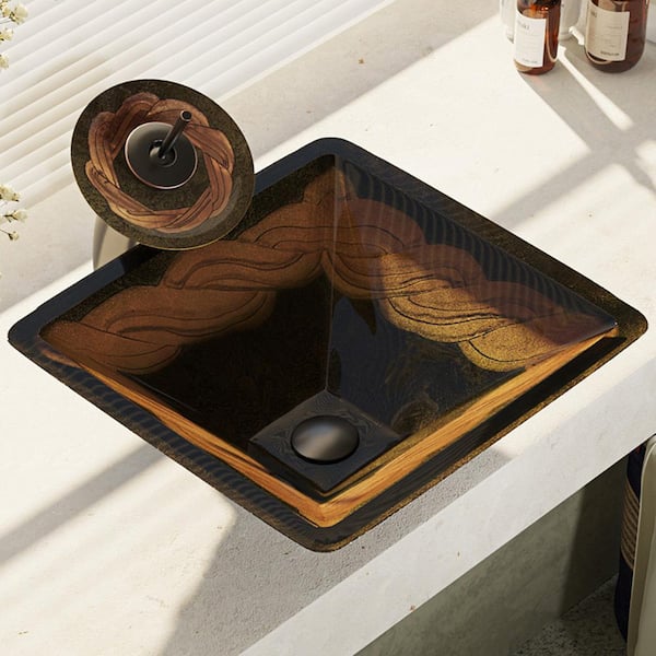 Rene Glass Vessel Sink in Metallic Green and Gold with Waterfall Faucet and Pop-Up Drain in Antique Bronze