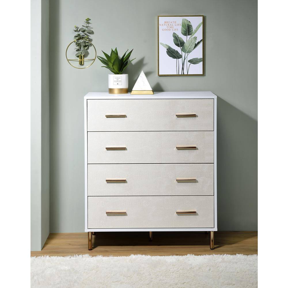 White and Gold 4-Drawer Chest with Crocodile Texture