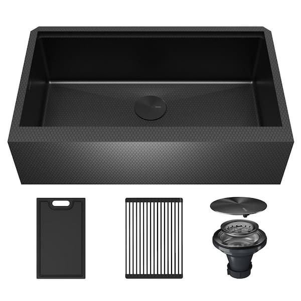 Matrix 33 in. Apron Front Farmhouse Single Bowl 16 Gauge Gunmetal Grey Stainless Steel Workstation Kitchen Sink