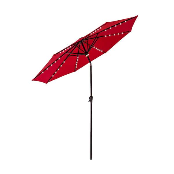 FLAME&SHADE 11 ft. Aluminum Market Solar Lighted Tilt Patio Umbrella with LED in Red Solution Dyed Polyester