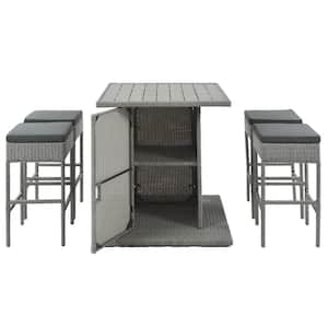 5-Piece Wicker Outdoor Dining Set with Storage Shelf and Dark Gray Cushion